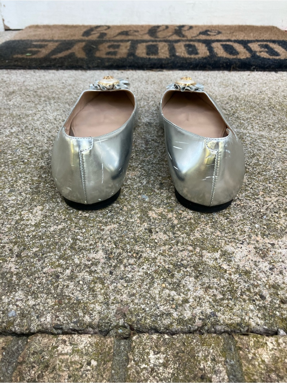 Tory Burch Metallic Silver Pointed-Toe Flats with Rosette Medallion - Picture 4 of 6